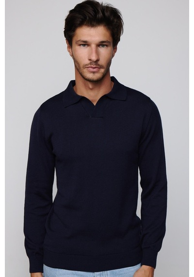Tudors Slim Fit Dar Kesim Polo V Yaka Lacivert Erkek Triko Kazak-29107-lacivert Lacivert