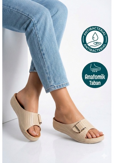 N Moda Kadın Tokalı Ortopedik Günlük Terlik Hafif Ve Rahat Taban Bej N Moda Kadın Tokalı Ortopedik Günlük Terlik Hafif Ve Rahat Taban Bej