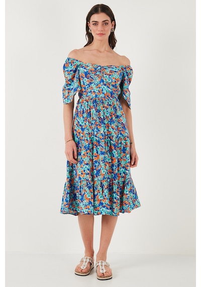 Lela Desenli Oversize Fit Carmen Yaka Büzgü Detaylı Midi Boy Bayan Elbise 67810557 Saks