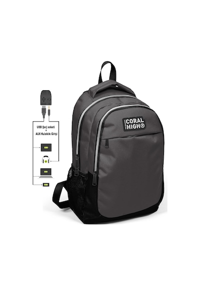 Coral High Kids Koyu Gri Üç Bölmeli Usb Şarjlı Kulaklık Çıkışlı Sırt Çantası