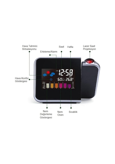 Ayrex Upway Projektörlü Lcd Ekranlı Dijital Masa Saati Yansıtmalı Tarih Derece Nem Diğer