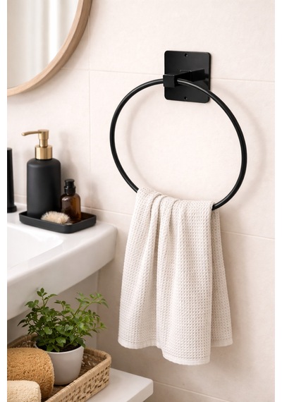 Siyah Yuvarlak Yapışkanlı Yuvarlak Havluluk Mutfak Ve Banyo Havlu Askılığı Çap 17 Cm Siyah Diğer