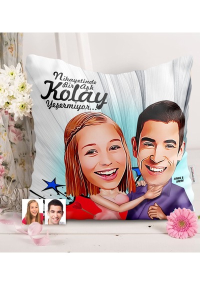 Kişiye Özel Sevgililer Karikatürlü Saten Yastık - 3