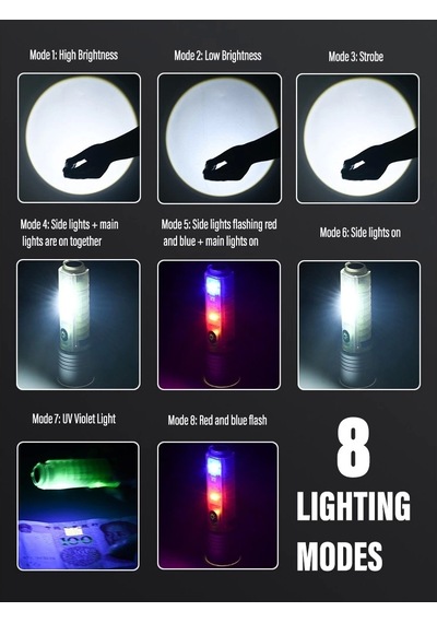 Profesyonel Tg Led Güçlü 8 Modlu Type-c 1000 Lümen Polis Çakarlı Şarjlı El Feneri Çok Renkli
