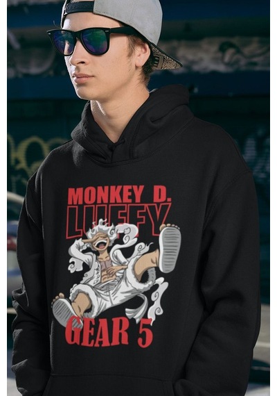 Monkey D. Luffy Gear 5 Baskılı Unisex Oversize Anime Hoodie Siyah
