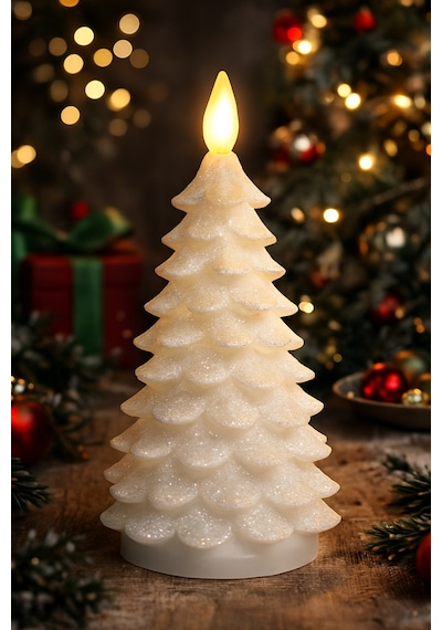 Yılbaşı Dekor Led Mum Parıltılı Wax Mum Led Işıklı Ev Ofis Otel Restoran Dekoratif Yılbaşı Süsü 22cm Beyaz