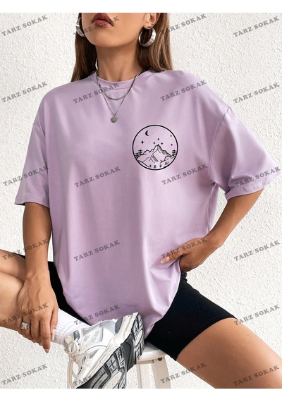 Flood Of Style Unisex Güneş Ve Ay Desenli Düşük Omuz Tişört Kod-1350 Mor