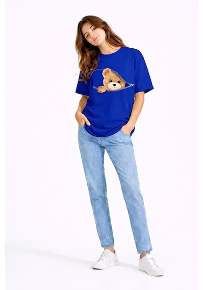 Fermuarlı Ayıcık Baskılı Kadın Tişört Oversize Sevimli Teddy Bear Lacivert