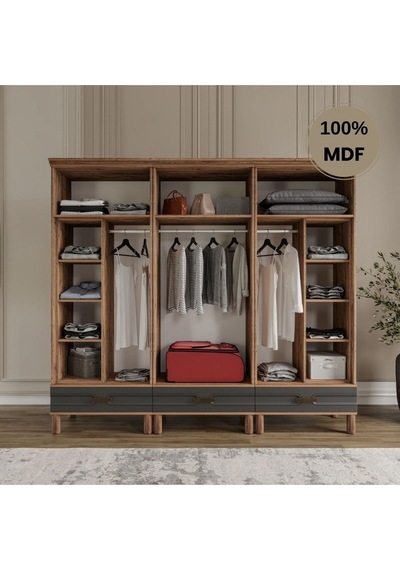 Zen 6 Kapak Ayaklı Tasarım Country Mdf Gardırop Antrasit