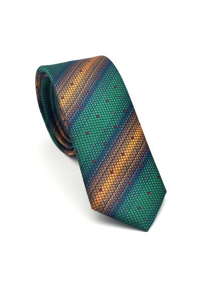 Gaffy Bej Verev Desenli Zümrüt Yeşil Dokuma Kumaş Mendilli Slim Fit Kravat // Sdk-2505-7 Yeşil