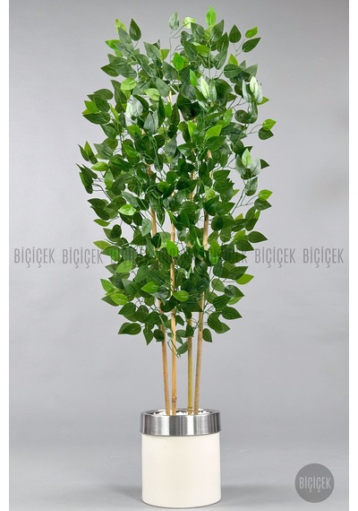 Yapay Benjamin Ağacı 140cm Krem Gümüş Metal Saksıda Krem-silver