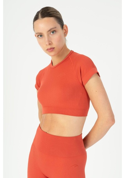 Maraton Slimfit Kadın Bisiklet Yaka Kiremit Crop Top Kiremit