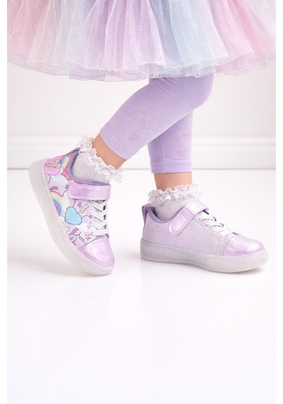 Mini Bonito Kız Çocuk Desenli Işıklı Led Tabanlı Simli Cırt Cırtlı Sneaker Lila
