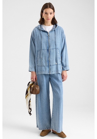 Olcay Fermuar Kapamalı Kapüşonlu Soft Denim Ceket Pantolon İkili Takım Açık Mavi 9402-tk