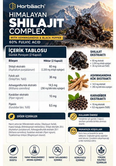 Horbäach Himalayan Shilajit Complex Karabiber İçeren 120 Vegan Kapsül