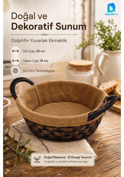 Yuvarlak Hasır Ekmeklik 24 Cm Kumaş Kaplı Dekoratif Ekmek Sepeti Yan Kulplu Kahverengi