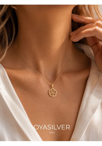 Oya Silver 24k Altın Kaplama Gümüş Yaşam Çiçeği Kolye 2.2x1.4cm Oyot391