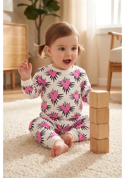 Zuzunga Kız Çocuk Pembe Kalp Desenli Uzun Kollu Pijama Takımı Beyaz-pembe