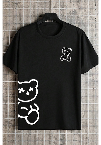 Unisex Draw Bear Baskılı Tasarım Tshirt Siyah