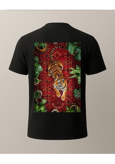 Etnik Kaplan Baskısı Tasarımlı T-shirt Siyah