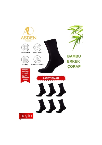 Asden Bambu Erkek Beyaz Soket Çorap 12'li Paket, Burun Dikişsiz, Yıkamalı 6 Çift Siyah