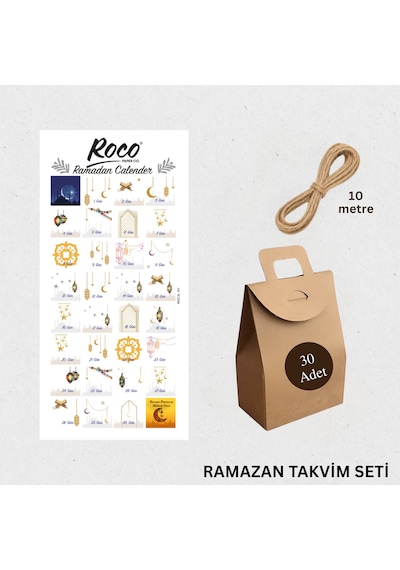 Ramazan Takvim Seti - 30 Günlük Advent Calendar Sticker - 30 Adet Kraft El Geçme Çanta - 10m Jüt İp