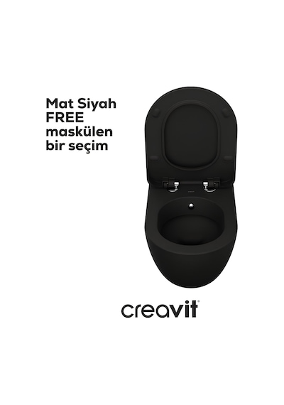 Creavit Free Mat Siyah Kanallı Asma Klozet Fe320, Creavit Duck Duroplast Yavaş Kapak Mat Siyah