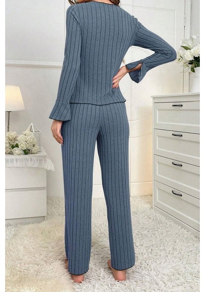 Bella Notte Mavi Uzun Kollu Fiyonk Detaylı Pijama Takımı