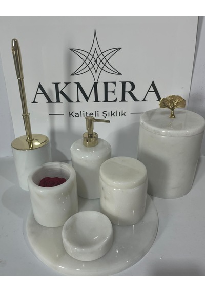 Akmera Elite 7 Parça %100 Gerçek Mermer Banyo Seti Altın - Beyaz