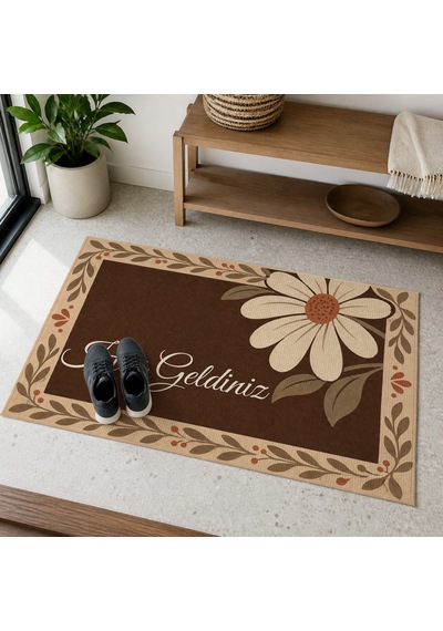 Kartela Halı Hoş Geldiniz Yazılı Papatyalı Kapı Paspası Bej Kaymaz Kauçuk Taban Yıkanabilir 50x75 Cm