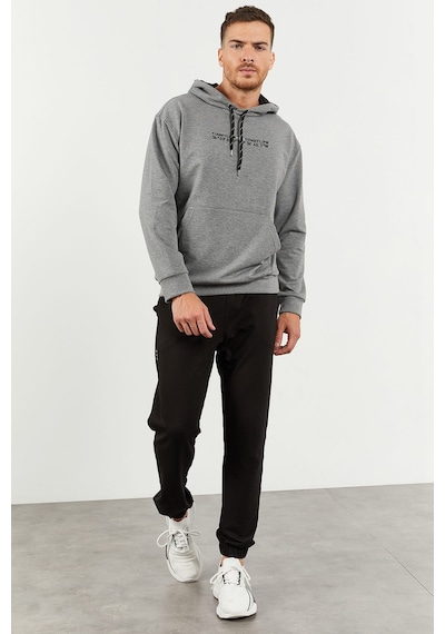 Tommy Life Gri Melanj - Siyah Kapüşonlu Kanguru Cep Lastik Paça Erkek Oversize Eşofman Takımı - 85117 Gri - Siyah