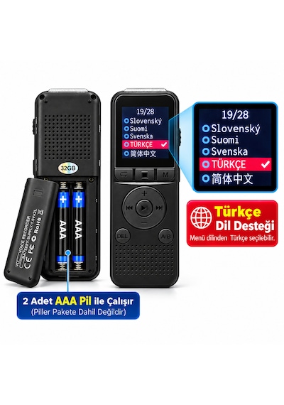 Ultratekno Kb65 32gb Pilli Dijital Ses Kayıt Cihazı, Ekranlı Wav Kaydedici, Ses Algılamalı Kayıt, Mp3 Çalar