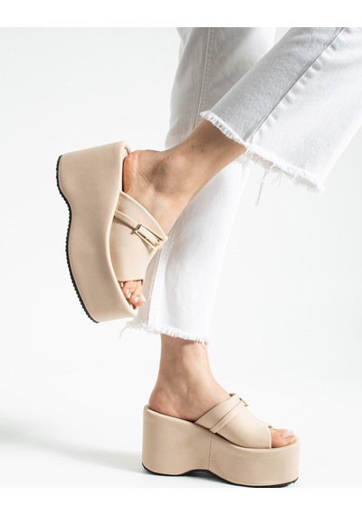 Dabab Shoes Lunara Kadın Bej Kumaş 10 Cm Platform Topuk Tokalı Kalın Taban Terlik Sandalet