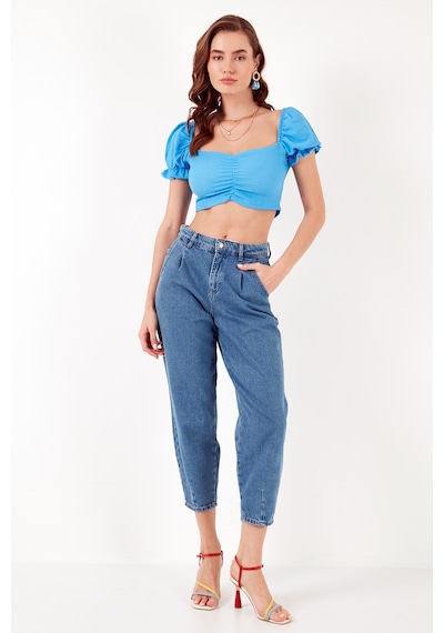 Lela Slim Fit Büzgü Detaylı Kalp Yaka Crop Bayan Bluz 5865601 Mavi