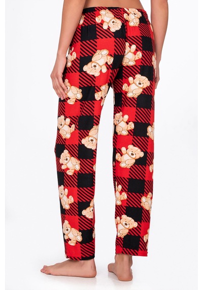 Kompedan Kadın Süet Kırmızı Kareli Ayıcık Desenli Pijama Tek Alt Desen 8
