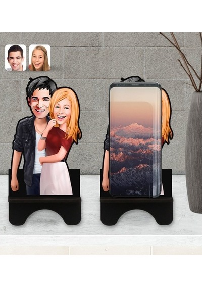 Kişiye Özel Sevgililer Karikatürlü Ahşap Biblo Telefon Standı-90