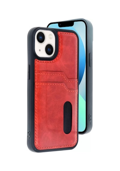 Apple iPhone  Uyumlu- 15 Sara Kartvizitli Deri Kılıf - Kırmızı