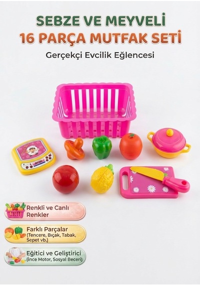 Minik Şefler İçin Eğlenceli Sebze Ve Meyveli 16 Parçalı Oyuncak Mutfak Seti