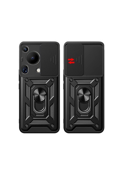 Ennar Huawei Pura 70 Ultra Kılıf Magnetik Standlı Sürgülü Kamera Korumalı 360 Döner Yüzüklü Kapak Siyah
