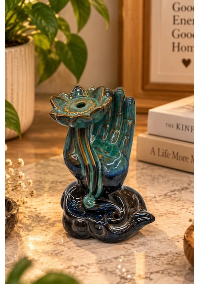 Turkuaz Seramik Lotus Çiçekli Geri Akışlı Şelale Tütsülük Buhurdanlık 6,5x9,5 Cm 9-3