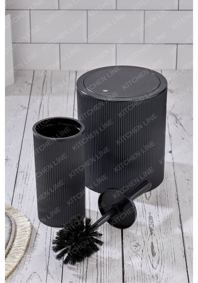 Yuvarlak Çöp Kovası & Yuvarlak Tuvalet Fırçası Seti Ikili Banyo Seti Siyah Siyah