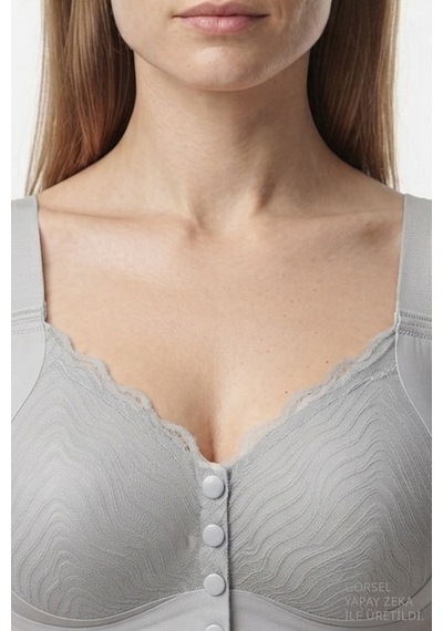 Cottonill Seamless Bra - Larevia Gri Lazer Kesim Önden Düğmeli Tül Detaylı Kadın Sütyen