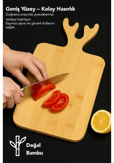 Dikdörtgen Bambu Kesme Tahtası - Geyik Model Servis Sunum Tahtası Sunumluk Kesim Panosu 36x20 Cm Bej