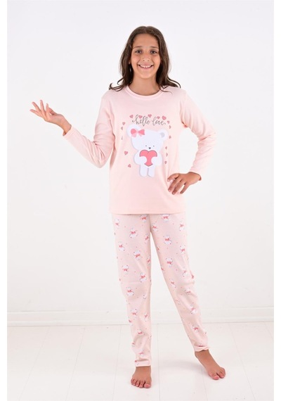 Kız Çocuk Uzun Kollu Fiyonklu Ayıcık Model Pijama Takımı-pembe Pembe