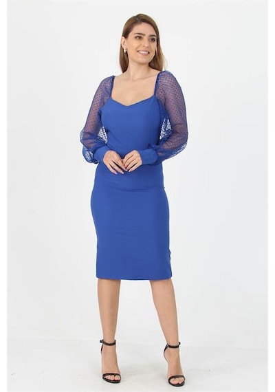 Neşeli Butik Kadın Yeni Sezon Kolları Tül Midi Boy Likralı Elbise Nb10004 Saks
