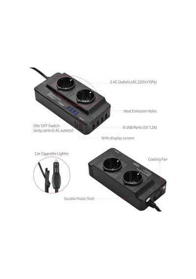 200w Araba Güç Çevirici Dc 12v Ac 220v Dönüştürücü 2 Ac Çıkışlı 4 Usb Bağlantı Noktası Açma/kapatma An Diğer
