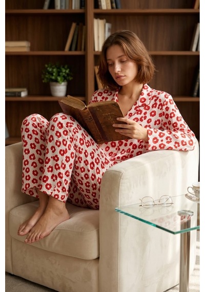 Fit Women Kadın Gömlek Yaka Düğmeli Gece Giyimi Kırmızı Pijama Takımı