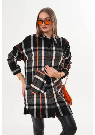 Polologin Butik Kadın Turuncu Siyah Kanguru Cepli Spor Kesim Araboy Gömlek Turuncu