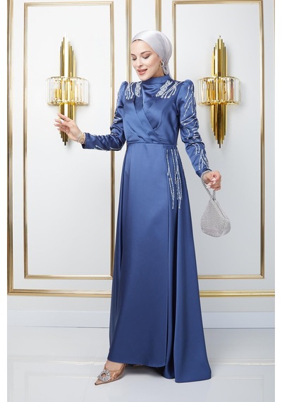 Olcay Önü Ve Kolları Pul Ve Taş Detaylı Saten Abiye Elbise K. İndigo 1660