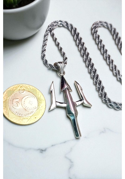 Ak Store Silver Gümüş Kaplama Krom-Çelik Erkek Kolye Madalyon Poseidon Mızrak Gümüş